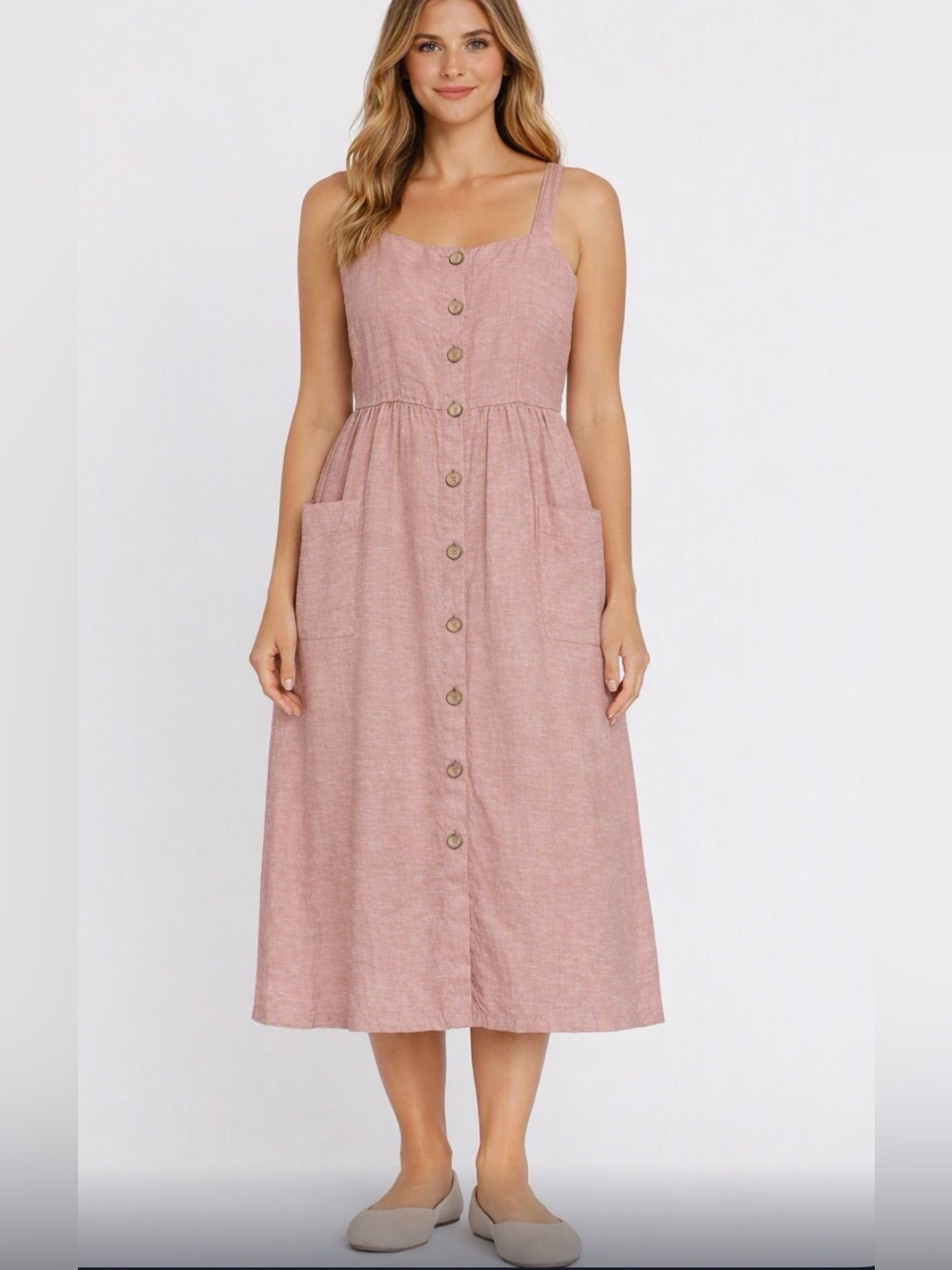 Rachel Zoe 100% Linen Pink Button Front Midi Dress Pockets Cottagecore Size 2⁠